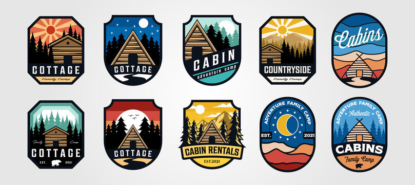 set of vector cottage outdoor logo emblem vector illustration design, adventure cabin camp badge vector design