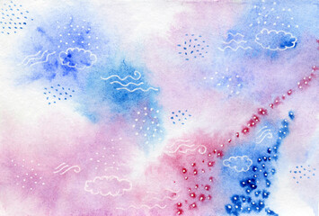 Fototapeta premium Abstract hand drawn watercolor background in blue and pink colors with drawing by the white gel pen clouds and lines. Perfect for cards, poster