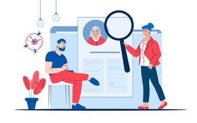 Recruitment and hiring with HR managers looking for new job candidate. Online CV submission and job search. Recruitment, headhunting and employment, flat vector illustration isolated on white.