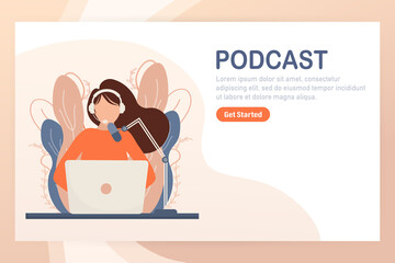 Live webcast in flat style with people. Listen to podcast. Flat illustration. Vector illustration.