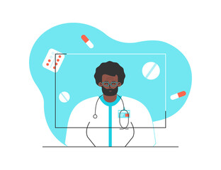 Vector isolated flat concept. Online consultation and distant diagnostic by African American physician. Video call on computer. Medical icons. Internet service for doctor. Man helps choose of drugs