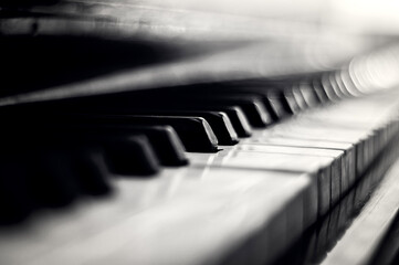 Piano keys closeup monochrome. Side view