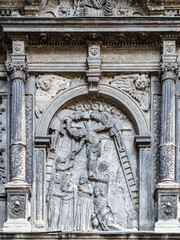 Fototapeta premium Fragment of the exterior of Chapel of Boim in Lviv, Ukraine. Decoration of facade of Chapel of Boim. It's a part of Lviv's Old Town, a UNESCO World Heritage Site.