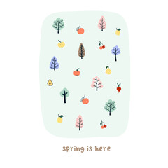 Cute hand drawn tiny spring trees and fruits. Cozy hygge scandinavian style template for postcard, poster, greeting card, kids t shirt design. Vector illustration in flat cartoon style © madiwaso