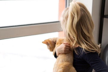 portrait of a little girl with a ginger cat together looking out the window
