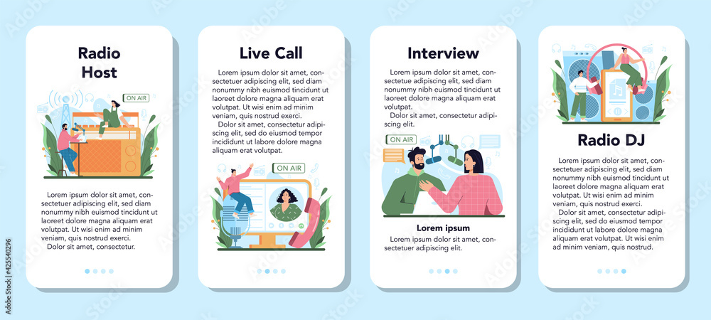 Poster radio host mobile application banner set. idea of news broadcast in the studio