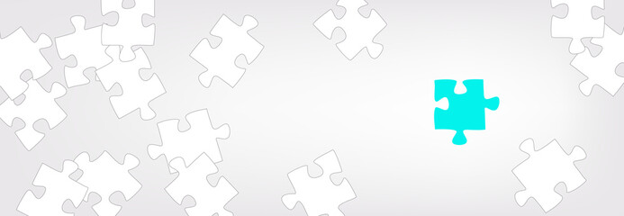 Jigsaw vector illustration. Banner with puzzle pieces & copy space as metaphor for solution, idea or challenge / innovation or creativity / personnel or recruitment / unique strategy / problem solving