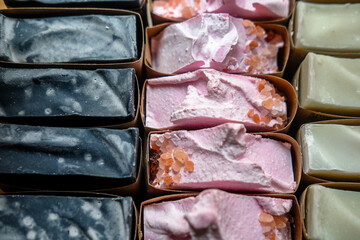 Hand made soap in different colors. Hygiene products