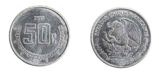 Mexico fifty cents coin on white isolated background