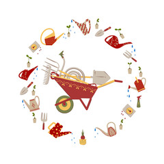 Wheelbarrow filled with garden tools in a round frame. Gardening tools set in wheelbarrow. Equipment for garden. Frame made of watering cans, seeds, water drops and garden tools.