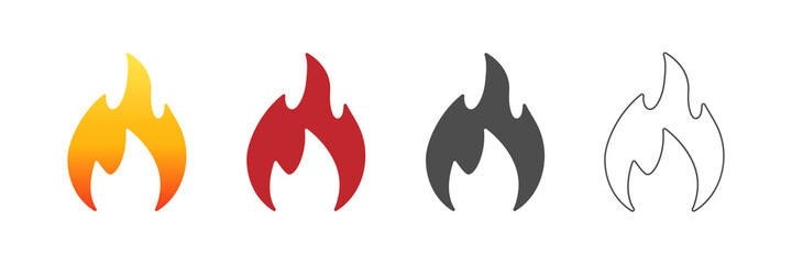 Fire flame icon set. Flat fire symbol collection. Vector isolated on white background.