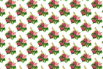 A composition of pink and burgundy flowers and various leaves. Background pattern for printing on fabric, paper.