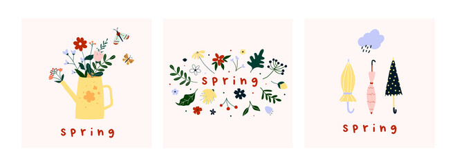 Fototapeta na wymiar Spring mood greeting card poster template. Welcome spring season invitation. Minimalist postcard with nature leaves, watering can, flowers umbrellas. Vector illustration in flat cartoon style