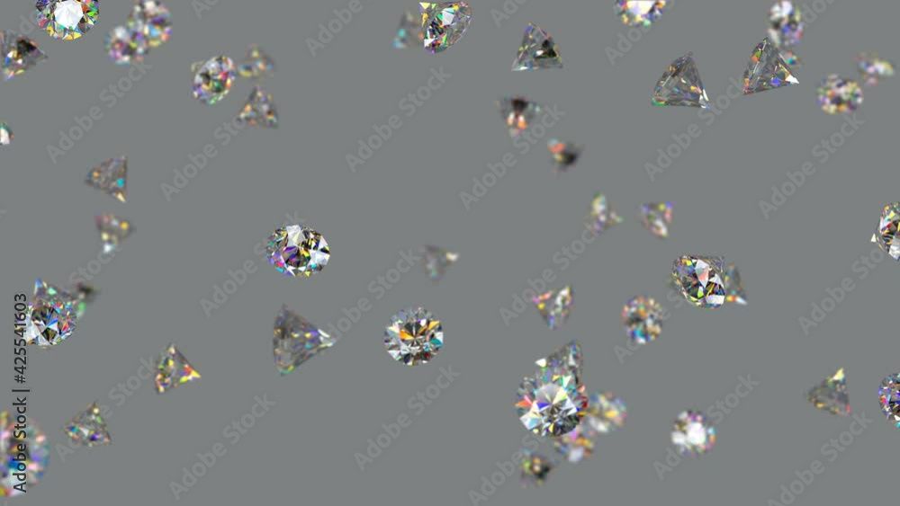 Poster rain of round brilliant cut diamonds with luma matte for alpha channel. 3d render seamless loop anim