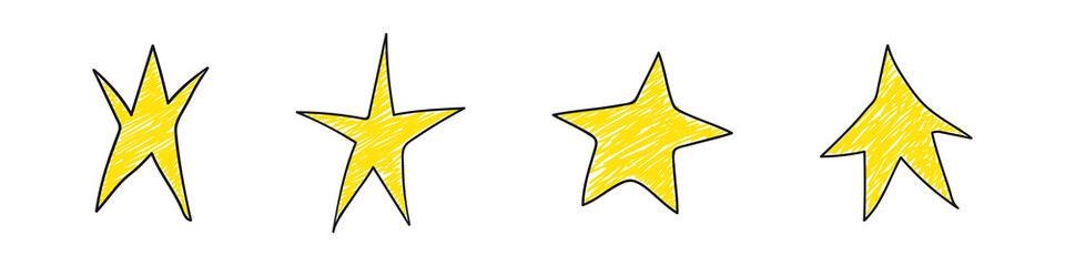 Set of hand-drawn stars isolated on white background. Doodle style. Night concept. Sketch. Vector illustration