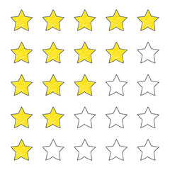 Set of hand drawn stars isolated on white background. Doodle style. Rating concept. Rating scale. Vector illustration