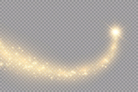 Vector golden sparkling falling star. Stardust trail. Cosmic glittering wave. PNG. . Vector illustration