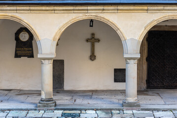 LVIV, UKRAINE - April, 2021: The courtyard of the Ancient Armenian church of the Assumption of Mary.