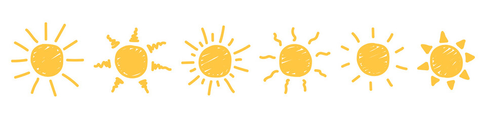 Set of hand-drawn sun isolated on white background. Doodle style. Summer concept. Vector illustration