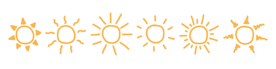 Set of hand-drawn sun isolated on white background. Doodle style. Summer concept. Vector illustration