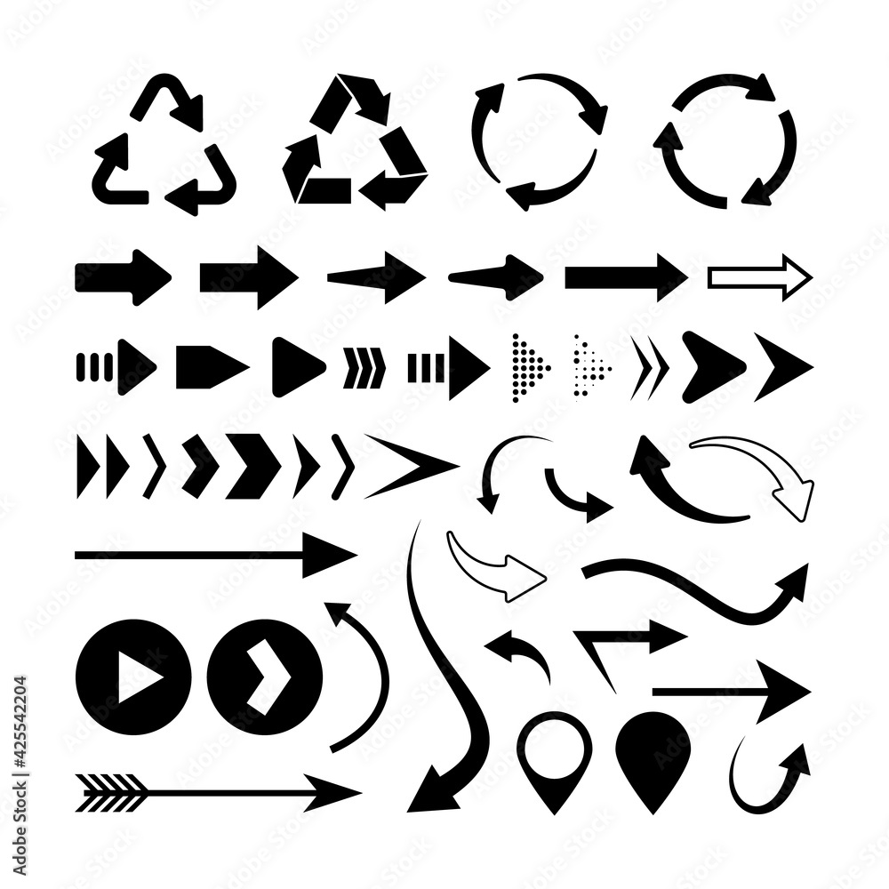 Poster Set of arrow icons isolated on white background. Vector illustration. Arrow shapes.