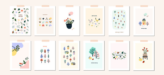 Spring Easter mood greeting card poster template. Welcome spring season invitation. Minimalist postcard nature leaves, tree, flower, houses, abstract shapes. Vector illustration in flat cartoon style