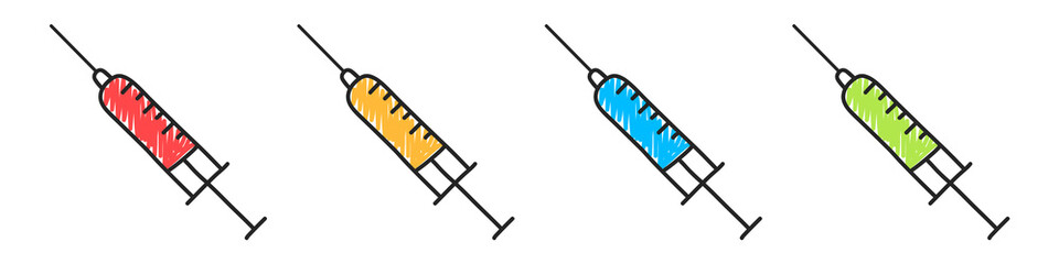 A set of hand-drawn syringes with different color fluids isolated on a white background. Vaccinations against coronavirus. Health protection. Vector illustration