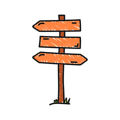 Wooden road sign hand-drawn isolated on a white background. A tree sign indicating the direction of the path. Doodle style. Vector illustration