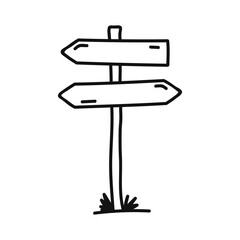 Wooden road sign hand-drawn isolated on a white background. A tree sign indicating the direction of the path. Doodle style. Vector illustration