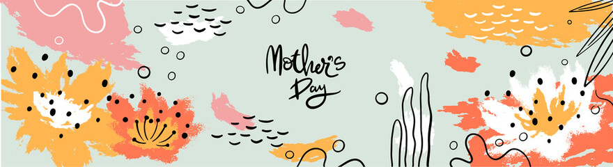 Happy Mother's Day web banner illustration. flowers, brushstrokes, fauna. hand-drawn Modern minimalist style. Horizontal poster, greeting card, website title