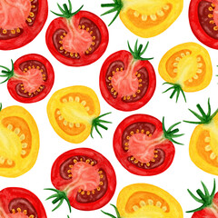 Red and yellow slice tomatoes seamless pattern isolated on white background