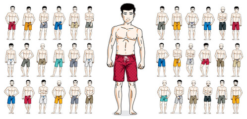 Fototapeta premium Handsome men in beach shorts standing and posing vector illustrations big set isolated on white, attractive gorgeous males in full length people characters collection slim perfect athletic body.