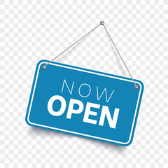 Now Open blue color signboard. Vector illustration