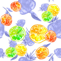 seamless pattern with watercolors - from tropical fruit, citrus spray, lemon, orange, lime, grapefruit paint splash. berry, strawberry. Bright fashionable background. Citrus Tropical Fruit Watercolor