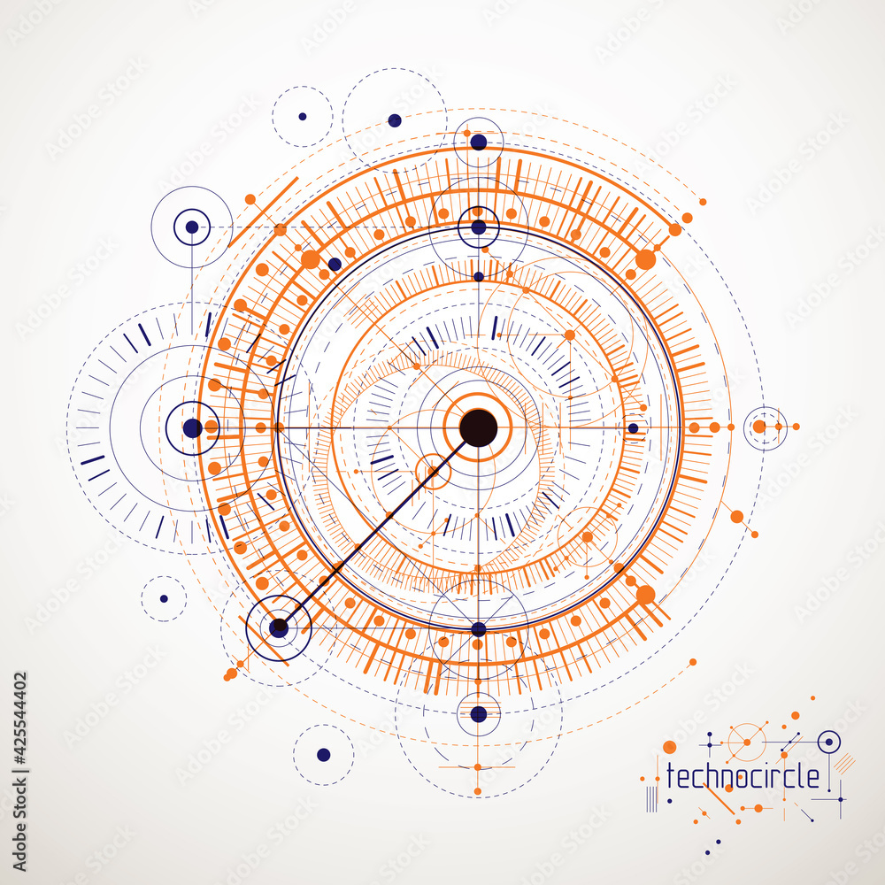 Poster mechanical scheme, vector engineering drawing with circles and geometric parts of mechanism. technic
