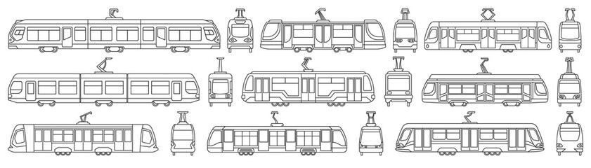 Tram vector outline set icon. Vector illustration streetcar on white background. Isolated outline set icon tram.