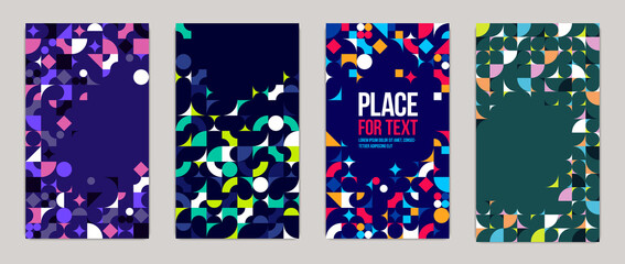 Backgrounds and cover templates vector set, abstract geometric designs, bright color compositions with copy spaces for text, complex modern art layout.