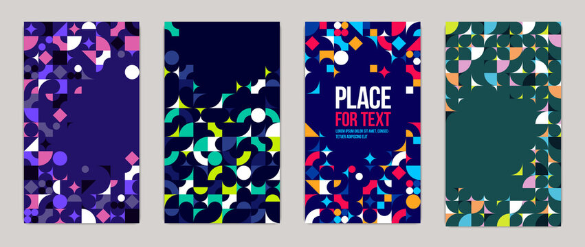 Backgrounds And Cover Templates Vector Set, Abstract Geometric Designs, Bright Color Compositions With Copy Spaces For Text, Complex Modern Art Layout.