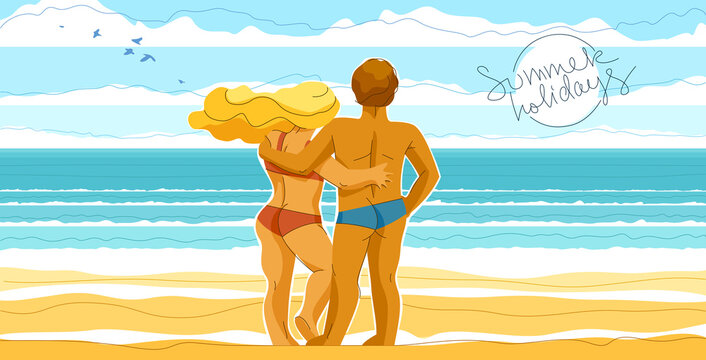 Couple in love standing on seashore beach and watching the sea vector illustrations, husband and wife, honeymoon lovers summer vacations, rest relax seaside tranquil calm.