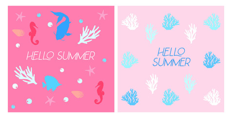 Hello Summer vector ocean set with fishes, corals, stars on pink background. Template for card, post, banner design.