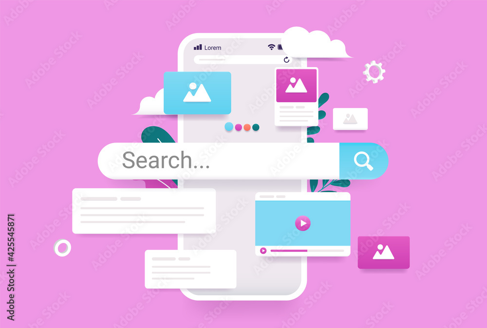 Poster smartphone with search engine on screen - search bar, images, video and information popping out in c
