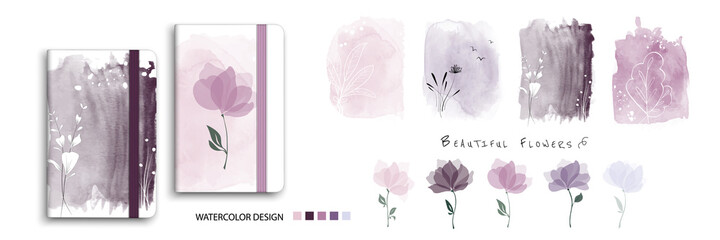 Set of nature watercolor art with beautiful flowers
