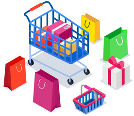 Isometric bags near shopping cart. Containers for buying goods in store. Paper, basket, gift boxes