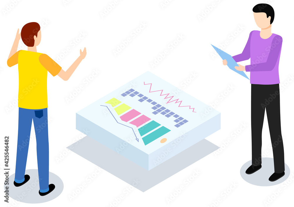 Poster men while analysing statistical indicators. people study statistics shown on center platform