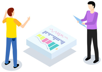 Men while analysing statistical indicators. People study statistics shown on center platform