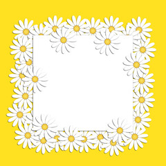 Beautiful modern background with white chamomile flowers with a blank sheet of writing paper in the center. Floral fashion creative ideas. Stylish nature spring or summer background.