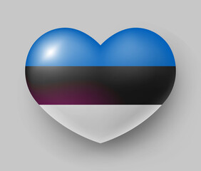 Heart shaped glossy national flag of Estonia. European country national flag button, Estonia symbol in patriotic colors realistic vector illustration on gray background