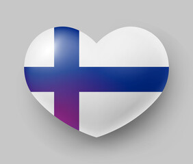 Fototapeta premium Heart shaped glossy national flag of Finland. European country national flag button, Finlandia symbol in patriotic colors realistic vector illustration on gray background