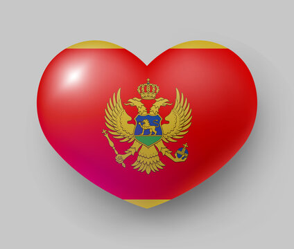 Heart shaped glossy national flag of Montenegro. European country national flag button, Symbol of Montenegro in patriotic colors realistic vector illustration on gray background