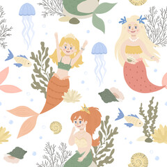 Funny mermaids and sea nature. Cute kids marine texture for fabric, wrapping, textile, wallpaper, apparel.